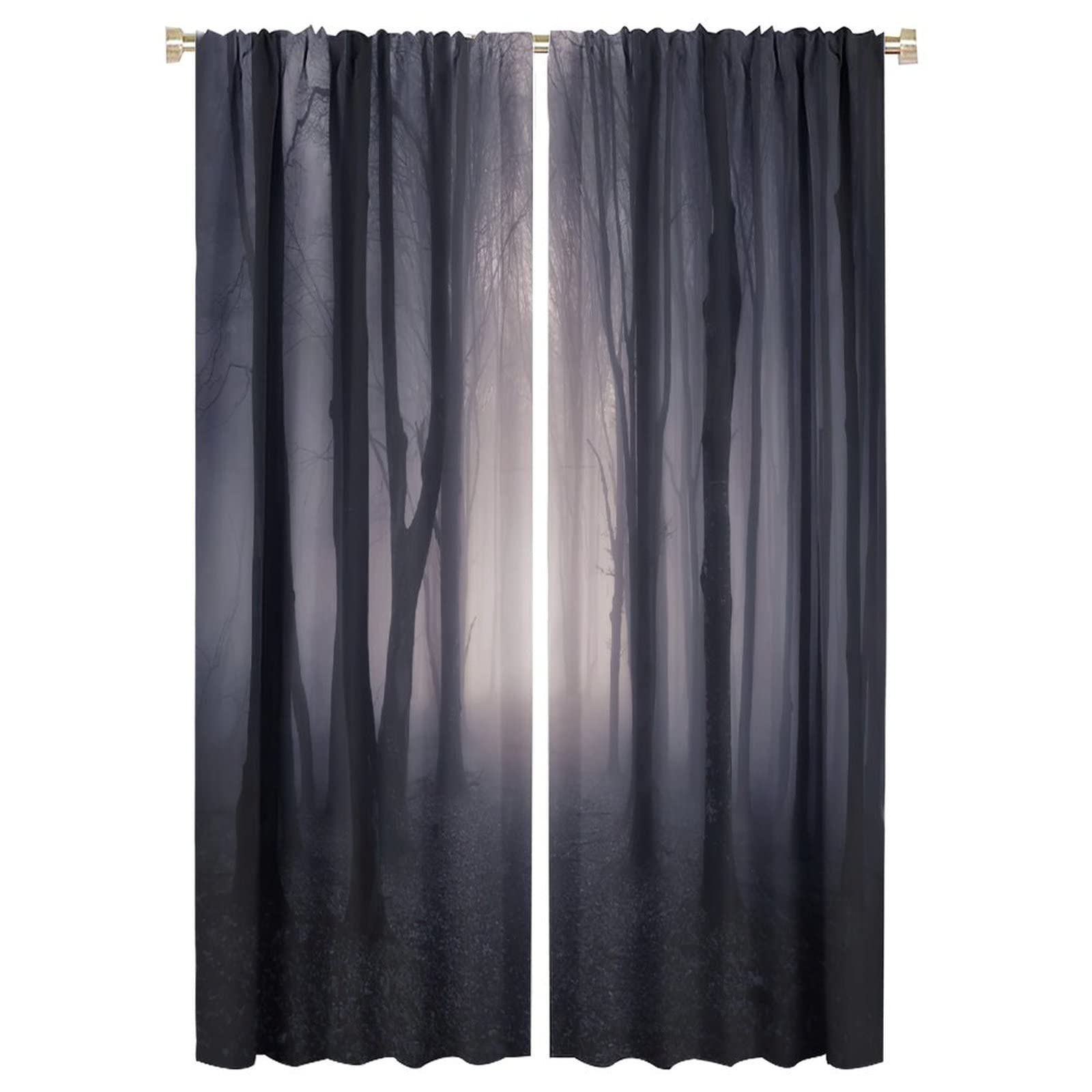 Misty Forest Window Curtains,Trees Heavy Foggy Nature Landscape Abstract Gothic Dark Gray Art Room Darkening Thermal Insulated Window Curtain 2 Panels for Living Room Bedroom Decor W42xL63in