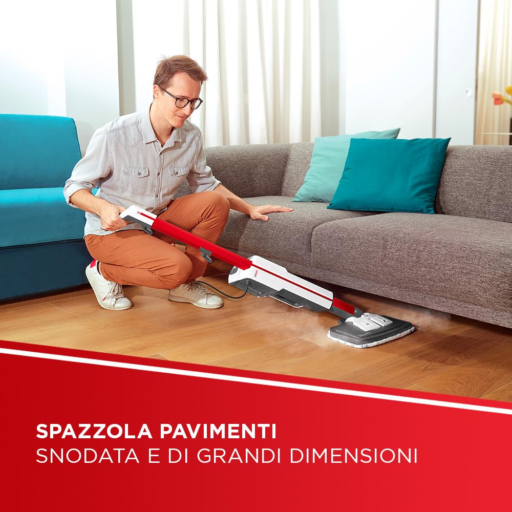Polti Vaporetto SV650 Style, Scopa a Vapore con Pulitore Portatile Integrato, Potenza Max 1500 W, 19 Accessori, Filtro Anti Calcare, Autonomia Illimitata, Parking Verticale, Rosso e Bianco