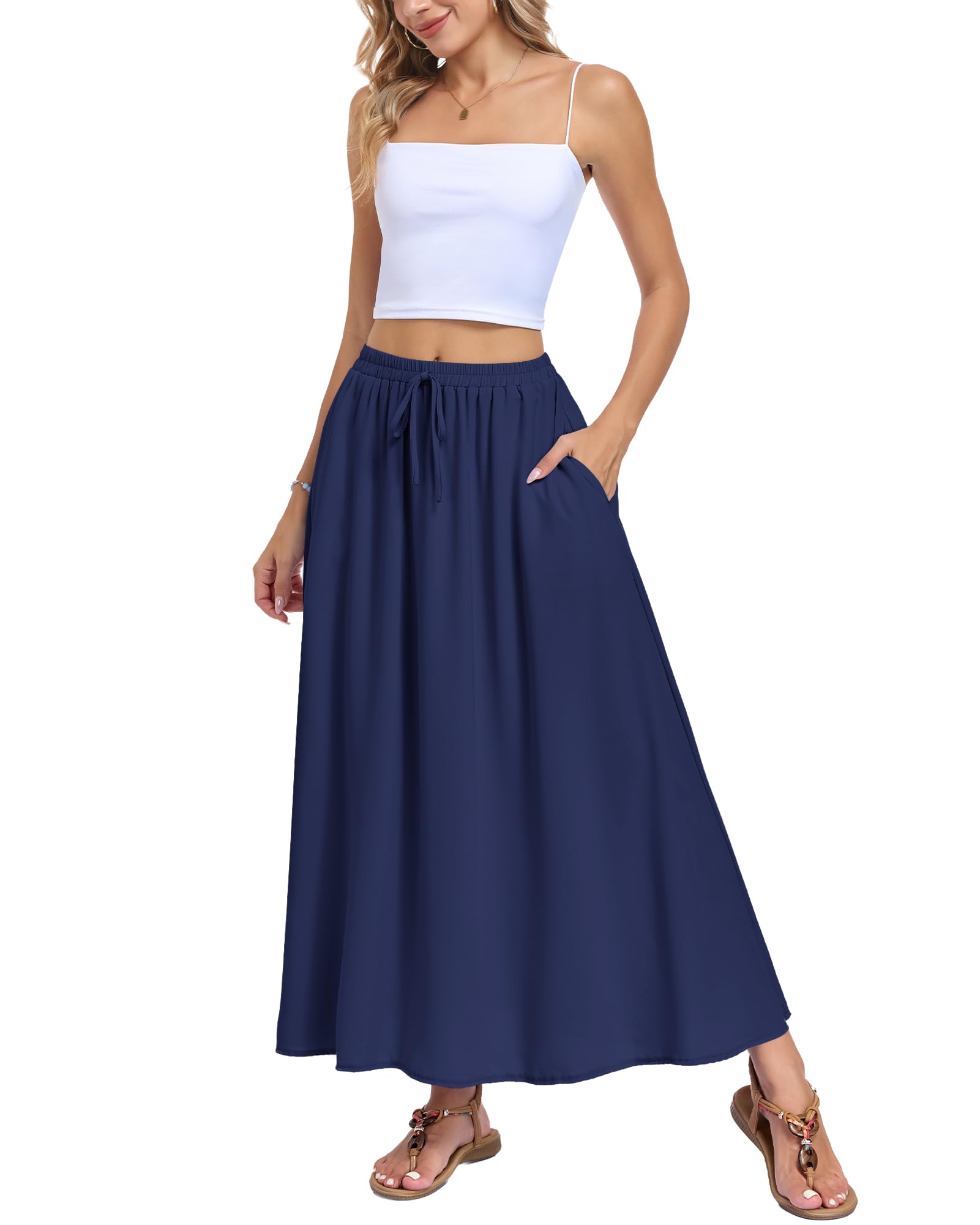 AUSELILY Jupe Longue avec Poches Taille Haute Cordon Élastique Fluide Plissée pour Femmes Robe de Plage Décontractée Bohème D'été