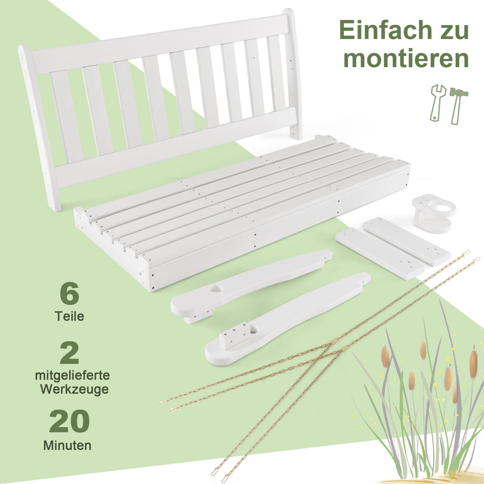 COSTWAY Hängebank aus HDPE, 2-Sitzer Gartenschaukel zum Aufhängen, bis 320 kg belastbar, Hängebank mit verstecktem Getränkehalter & verstellbaren Sicherheitsketten, für Garten, Hof, Veranda