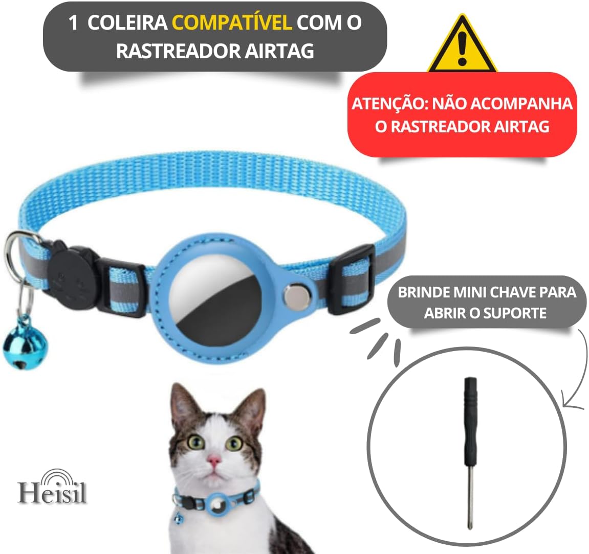 Coleira Anti Perda Pet De Nylon Com Detalhes Reflexivos E Sininho, Coleira Com Capa de Couro Compativel Com Rastreador Airtag, Ideal Animais Pequenos Gatos E Cães, Possui Fivela De