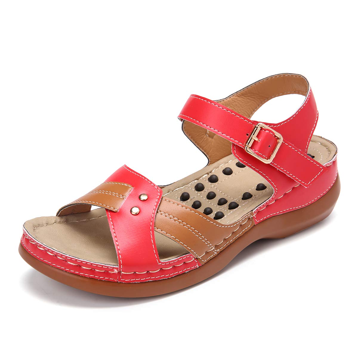 gracosy Womens Walking Sandals Summer Leather Flat Open Toe Beach Sandals Outdoor Sport Athletic Hiking Trekking Sandals Comfort Cushion Soft Sole Anti Slip Shoes Hook Loop Ankle Strap Wide Fit Sandal