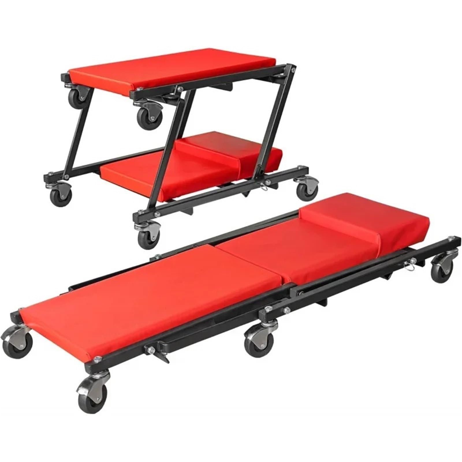 Fotel mechanika 36" składany, 2 w 1, garażowy, warsztatowy, leżanka do naprawy, 36" czerwony, nośność 300 funtów, z 6 kółkami, warsztatowy taboret