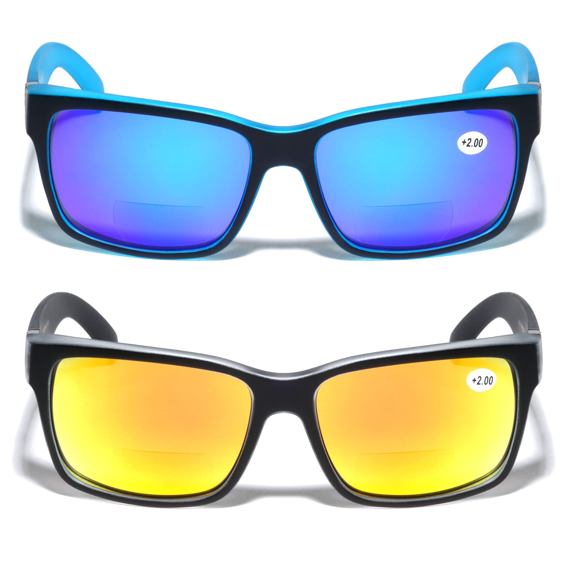 V.W.E. 2 Pairs Men Bifocal Large Wide Fitment 150mm Reading Sunglasses - Outdoor Readers Glasses Mirror(1 Ice 1 Fire, 1.75)