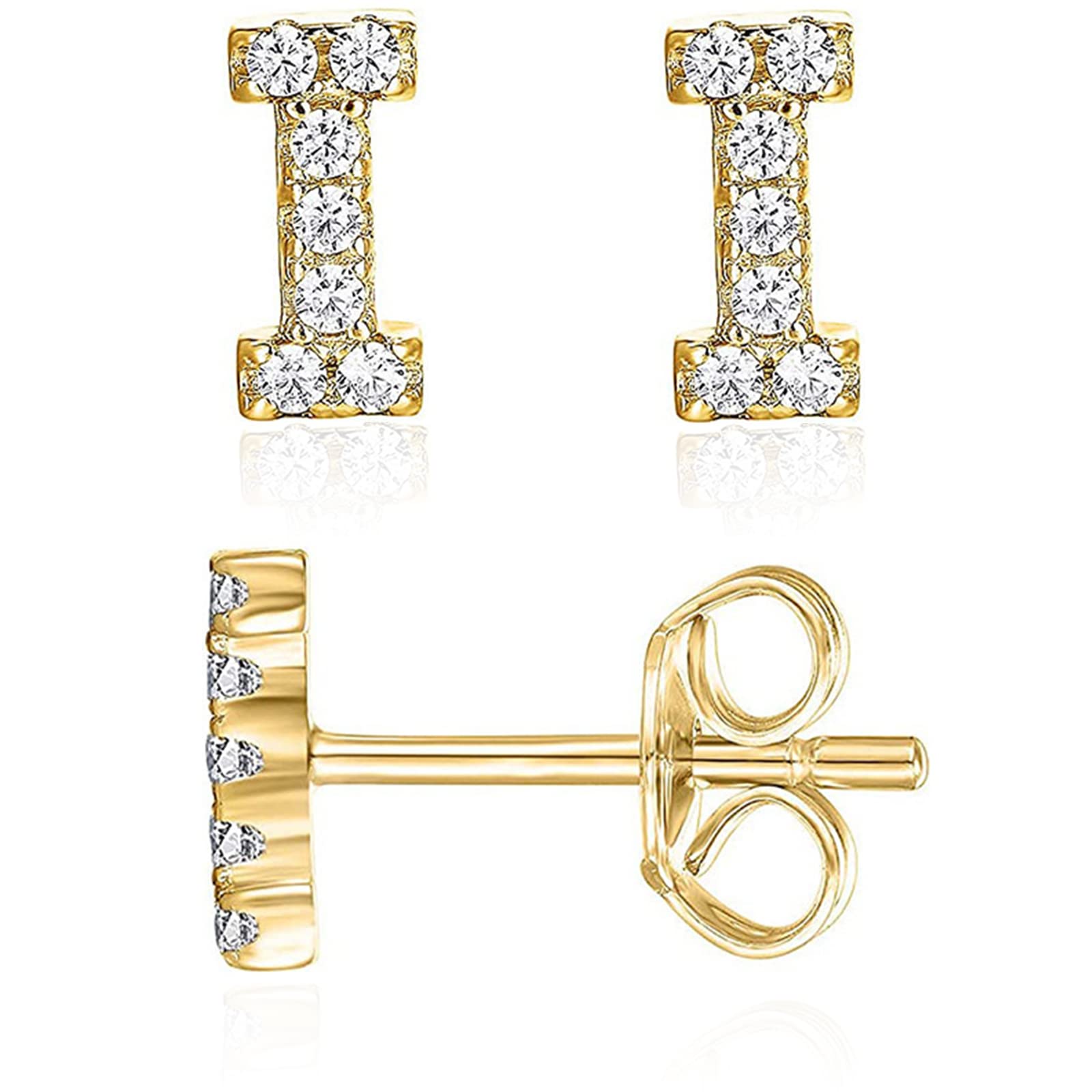 VDKIDKT Letter I Initial Stud Earrings for Girls, 14K Gold Plated Sterling Silver Alphabet Letter Earrings, Post CZ Stud Earrings, Hypoallergenic Earrings for Girl Women Teen Girl Gifts (Gold, I)
