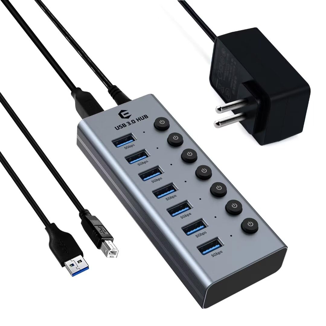 Hub USB 3.0 con Fuente de alimentación Hub USB, 7 Puertos USB Hub Activo Extensión USB con interruptores Individuales ON/Off y 1 m de Cable para Surface, Laptop, PC, HHD, SSD
