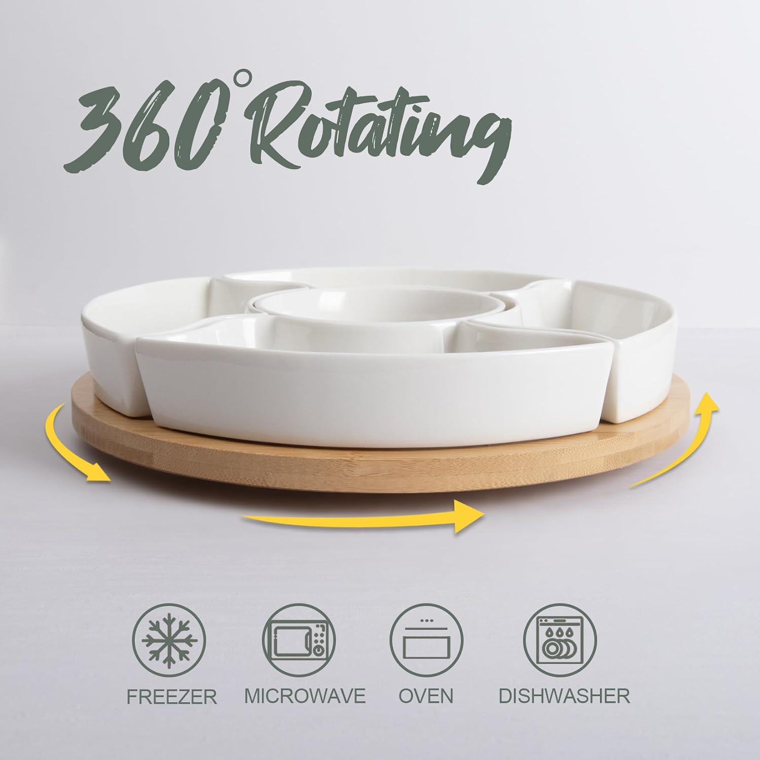 Serving Tray, Rotatable Serving Platters and Trays-11 Inch Divided Serving Dishes for Parties Kitchen Decor, Removable Serving Bowls for Chips and Dip, Condiment, Fruit, Veggies, Nut, Candy and Snacks