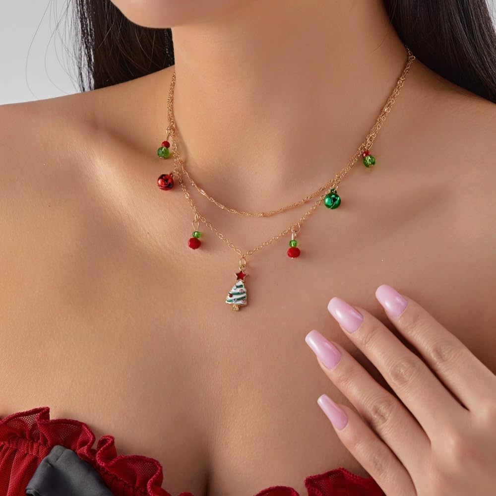 Layered Red Green Jingle Bell Ball Chain Pendant Necklace for Women Gold Plated Twinkle Bells Tassel Charms Drop Chains Choker Necklaces Adjustable Fashion Christmas Holiday Festival Ornament Jewelry - Image 2