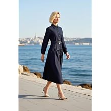 Kad n Maxi Elbise Yaka Uzun Standart Kol D k ml  Kemerli Denim Rigid Dokuma D z