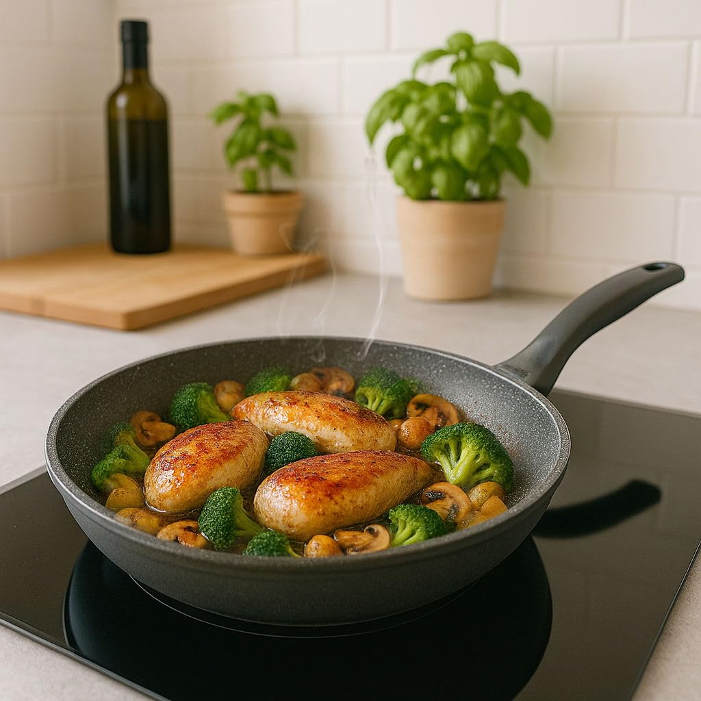 STONELINE Made in Germany - Set di padelle da 3 pezzi, 20/24/28 cm, padella antiaderente con vere particelle di pietra, padella a induzione, adatta al forno, tutti i piani cottura, senza olio e grassi