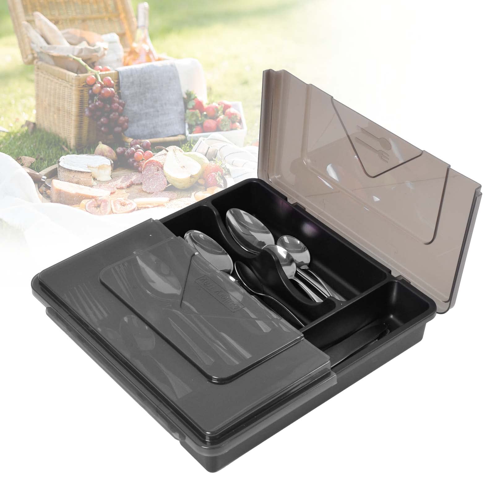Cutlery Trays with Lid Large Cutlery Tray for Kitchen Drawers Plastic Cutlery Organiser Trays Sealed Flatware Storage Box for Home Picnic Caravan Canteen