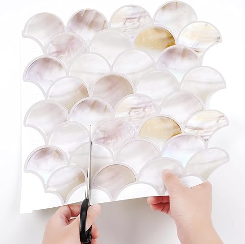 Miniatura 6 de Livelynine Azulejos para salpicaduras de cocina, color blanco perla, beige, azulejos de cocina para despegar y pegar, calcomanías de azulejos de 12