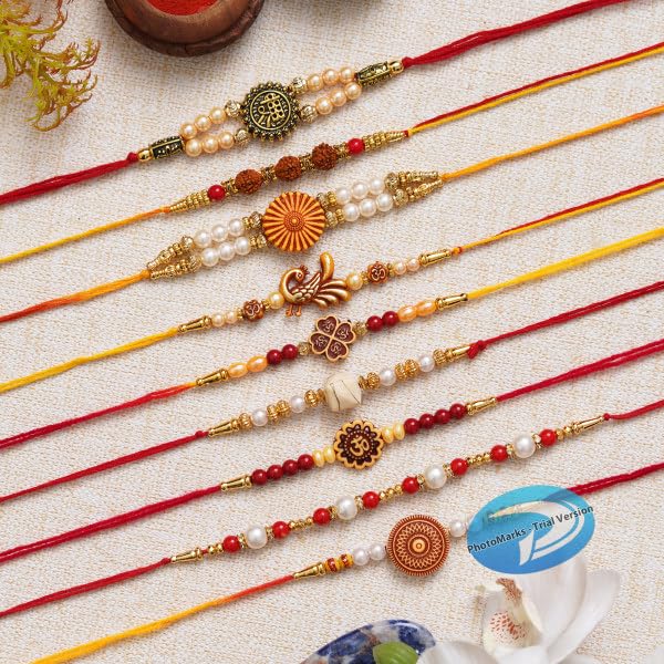 Image of eCraftIndia Set of 5 Rakhi Combo Hamper | Colorful Radha Krishna Peacock Feather Flower Pearl Designer Rakhis | Roli Chawal Pack