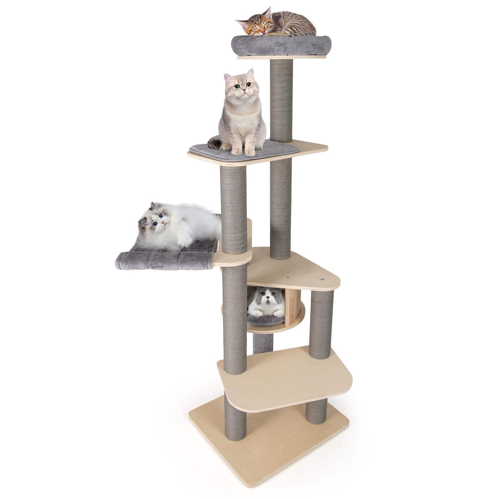 COSTWAY Cat Tree, Tall Multi-Layer Cats Tower with Comfy Padded Top Perch, Private Condo, Detachable Mats & Scratching Posts, Kitten Activity Center for Indoor Cats (Natural + Grey, 197cm Tall)