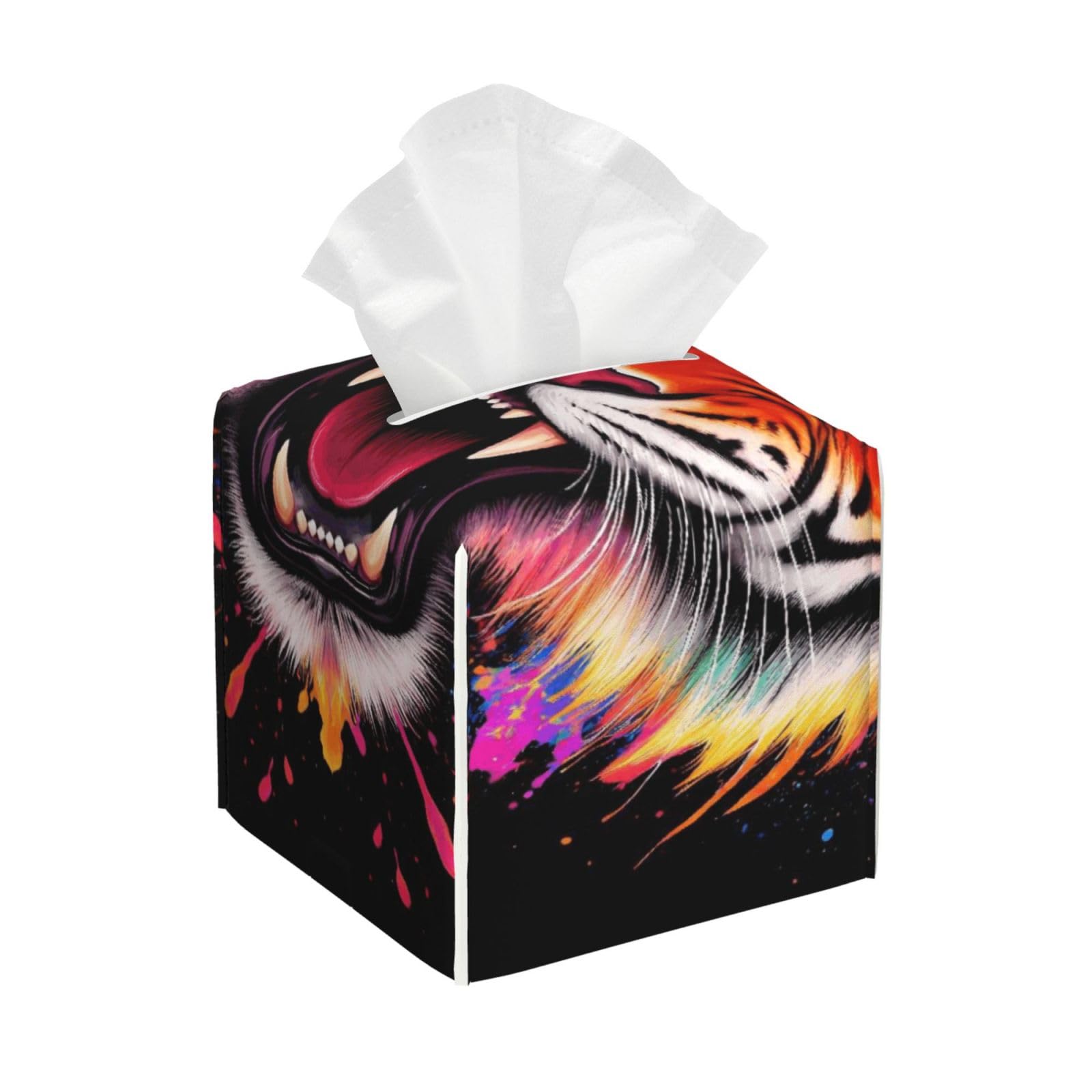 Colorful Splash Ink King of Tiger Art Leather Tissue Box Cover Holder Square Facial Paper Organizer 5.2" X 5.2" X 5.2"