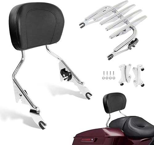 AUFER Respaldo de pasajero desmontable cromado con almohadilla Stealth para montaje en portaequipajes de 4 puntos compatible con Touring Road Street