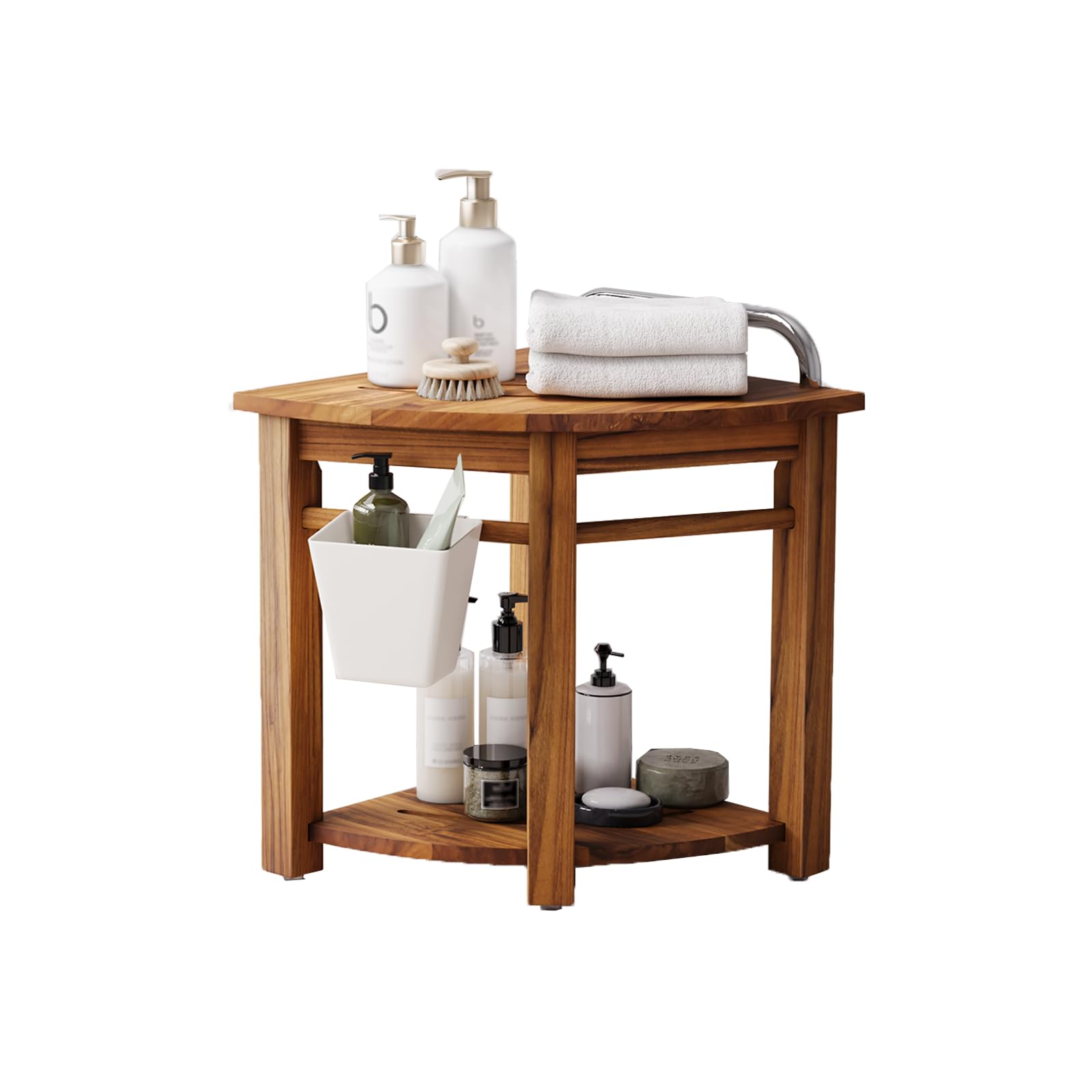 Kiasthome Teak Corner Shower Bench, Waterproof Bathroom Teak Shower Bench, Sturdy Non-Slip Bath Shower Foot Stool for Shaving Legs with Storage