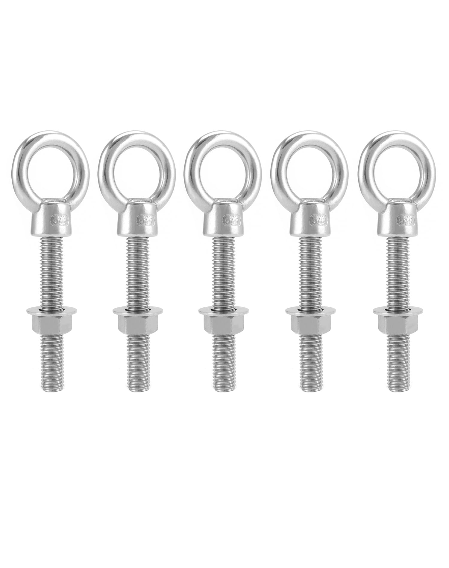 Threaded Eyebolts, 5 Pack 5/8 X 4 Long Stainless Steel