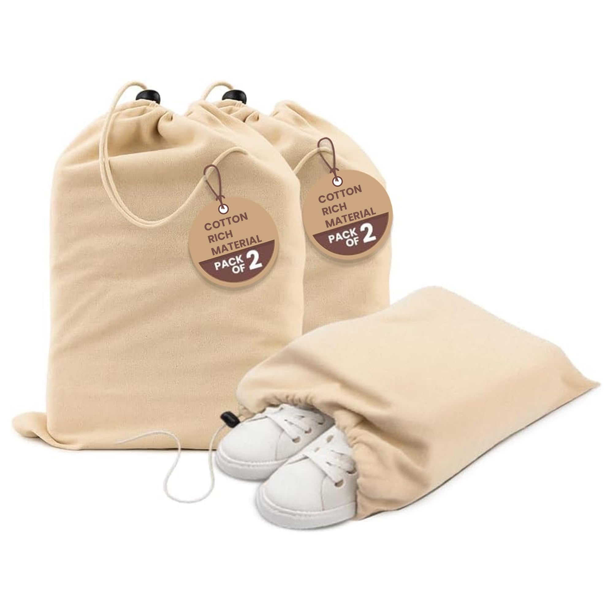 LFH Cotton Rich Shoe Storage Bags with Drawstring, Dustproof Breathable Reusable Organizer, Perfect For Travel, Dorm, Hotel, College, Gym, Easy to Carry, Machine Washable 12"x17" (Pack of 2) - Natural