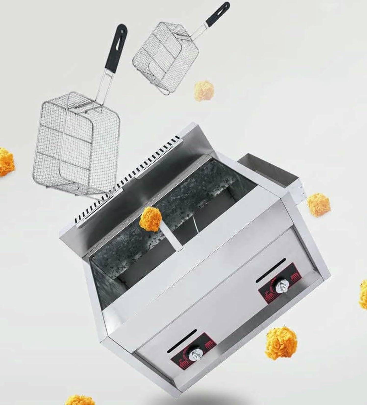Canasta De Freidora De Grasa Comercial 610l Freidora Profunda De Gases Profundas, Tanques Duales Freidora De Acero Inoxidable, Freidora Profunda De Encimera De Gas Profesional Para Fryes Franceses ~/
