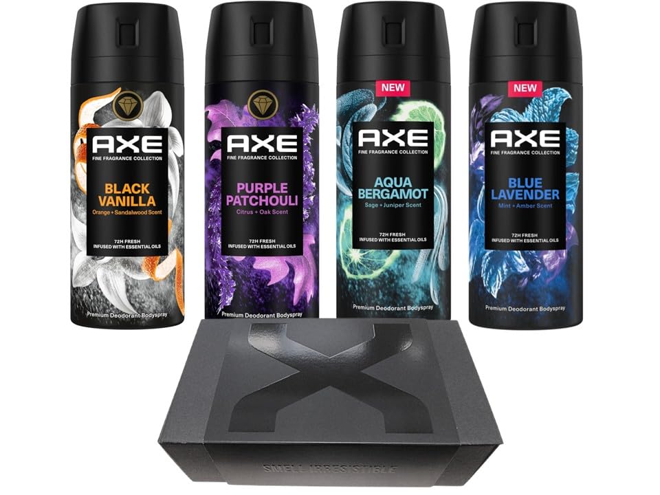 AXE Premium Bodyspray 4er Geschenk Set Aqua Bergamot/Black Vanilla/Blue Lavender/Purple Patchouli Deo ohne Aluminiumsalze mit 72 Stunden Schutz gegen Körpergeruch