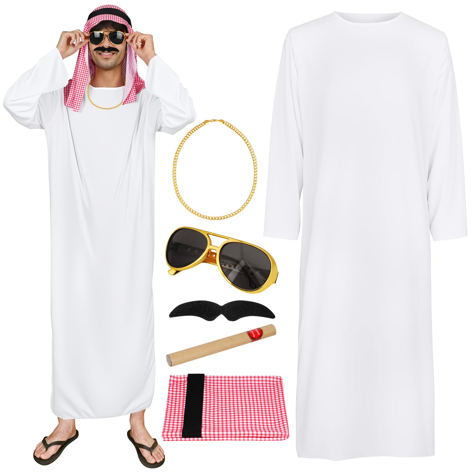 BSBUY Arab Sheik Costume Men White Sheik Robe Arabischen Gebetskleidung Middle Eastern Clothes Outfit(6PCS)