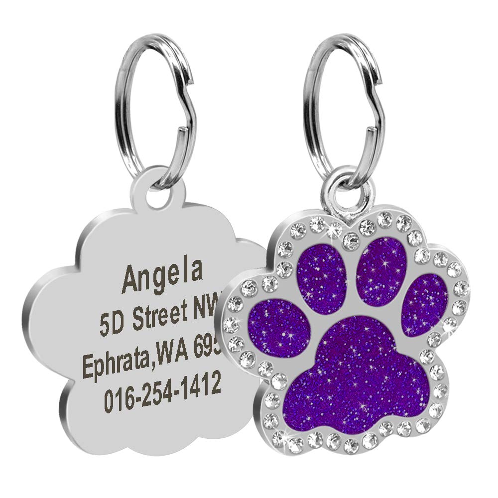 Didog Glitter Rhinestone Paw Print Custom Pet ID Tags,Crystal Stainless Steel Personalized Engrave ID Tags Fit Small Medium Large Dogs and Cats,Purple