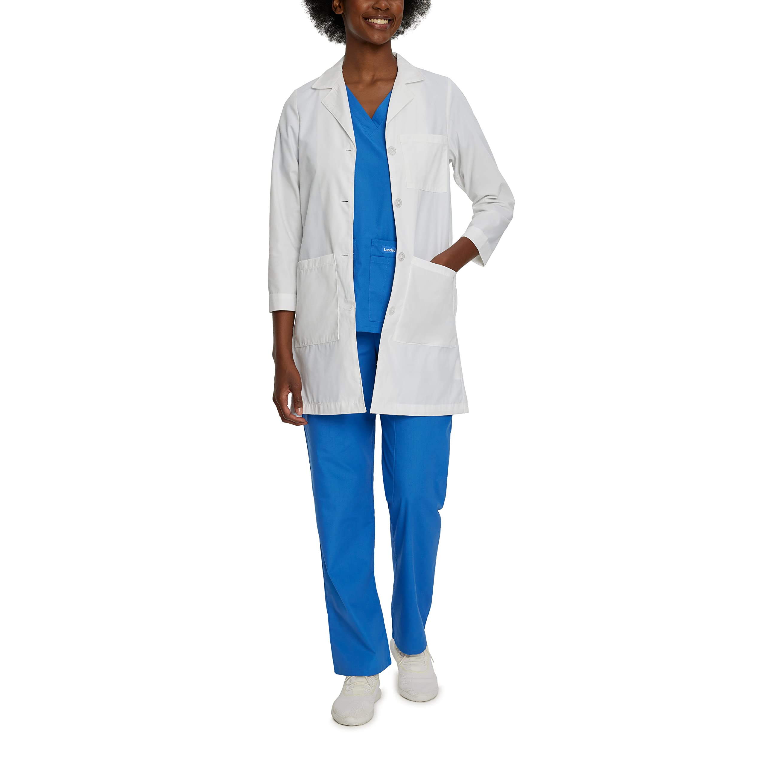 Landau Relaxed Fit 3-Pocket 4-Button Full-Length Lab Coat for Women 3155, White, 8