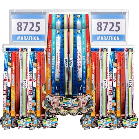 Shimeyao Race Bib and Medal Display Hanger, Metal Medal Rack Holder Wall Mounted Award Rack for Runners, Displays Over 100 Medals and 200 Race Bibs (Silver) Cover
