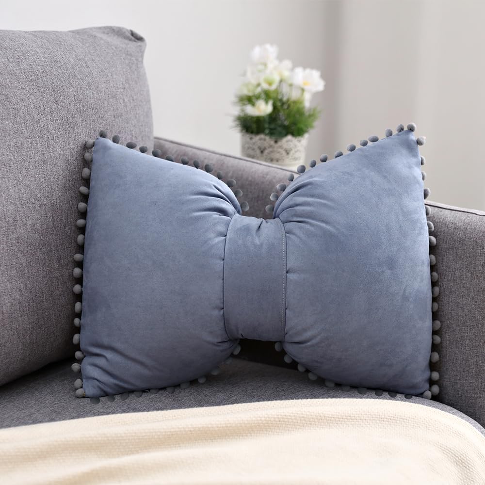 YDBDAT Boho Decorative Throw Pillow Covers with Pom Poms Soft Velvet Pillow Cases Bow Lumbar Pillow Covers 14 x 20 Cushion Case for Bed Couch Living