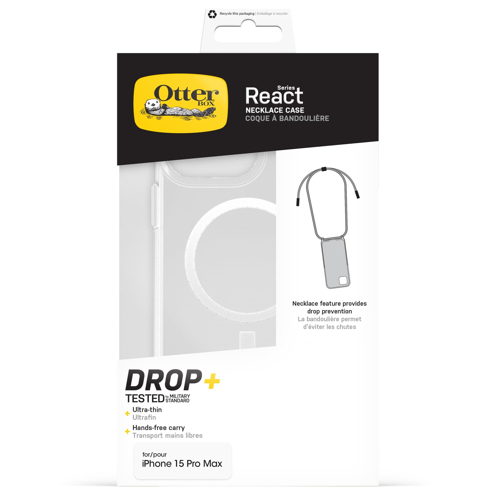 Otterbox Funda React Necklace con MagSafe para iPhone 15 Pro MAX, Ultra Fina, Funda Protectora con cordón para Cuello Ajustable y Desmontable, Testada según los Estándares Militares, Transparent