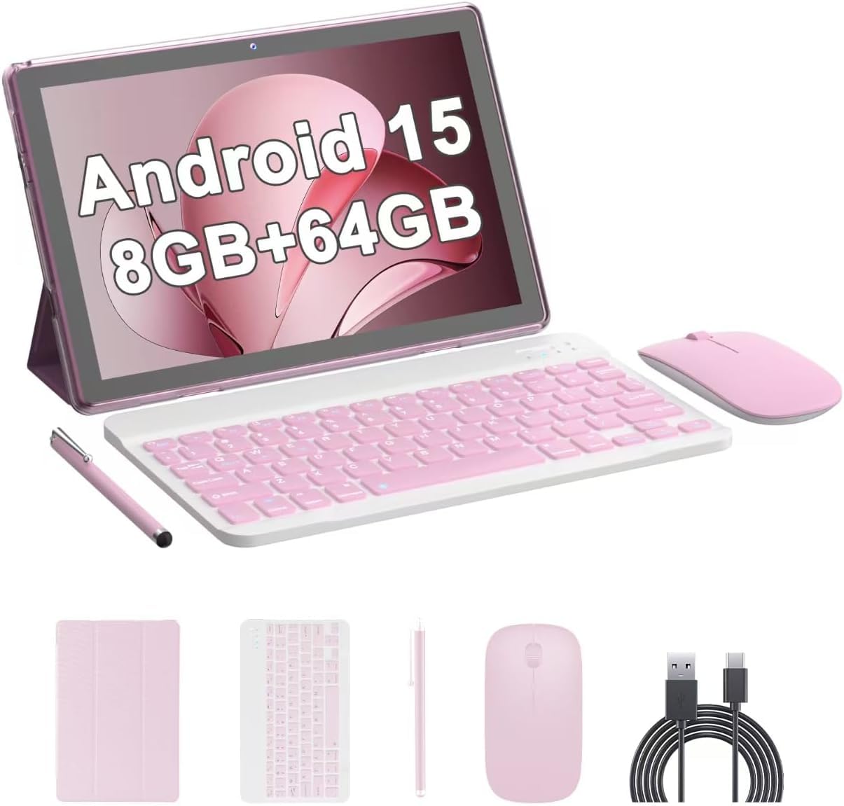 10 Inch Android 15 Tablet, 2 in 1 Tablets with Keyboard/ Mouse/ Case/ Stylus, 8GB RAM+64GB ROM/1TB Expandable, 1.8Ghz Quad-core Processor, 1280*800 HD Touch Screen, 8MP Camera, 2.4G/5G WIFI 6 Tablet