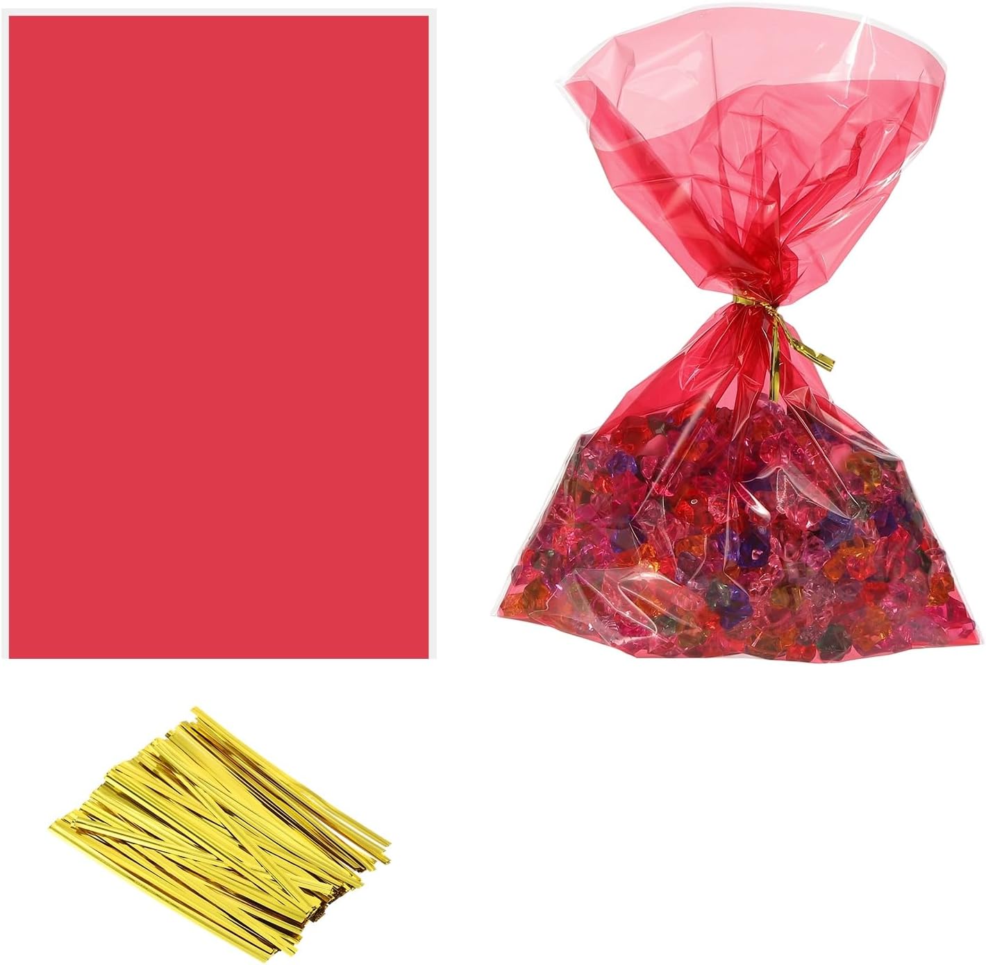 PATIKIL 9.1 x 5.9 Inch Clear Treat Favor Bags, 100Pcs Goodie Cookie Candy Dessert Packaging Bags with Gold Twists for Gifts Festivals Parties, Red