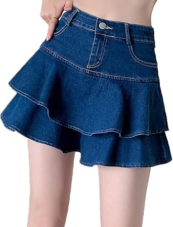 Womens Casual Denim Mini Skirt Ruffled Slim A-line Pleated Jean Short Skirt