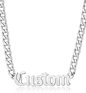 Name Plated Necklace Personalized for Men Women, Stainless Steel Customized Old English Nameplate Choker with Curb Chain Custom Jewelry, 16 inches to 30 inches