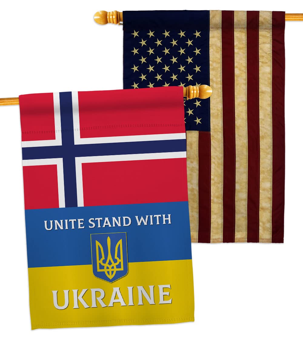Norway Stand with Ukraine House Flags Pack Support Cause Ukrainian USA Vintage Applique Small Decorative Gift Yard Banner Double-Sided Made in 28 X 40