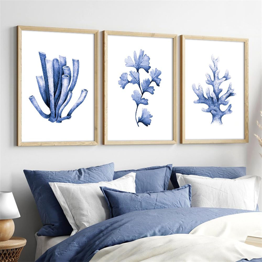 WBYZAC Botanical Posters-Blue Seaweed Coral Sea Botanical Watercolour Wall Art Canvas Painting Nordic Posters Prints Wall Pictures for Living Kitchen Room Decor-60 * 80cm*3PCS (No Frame)