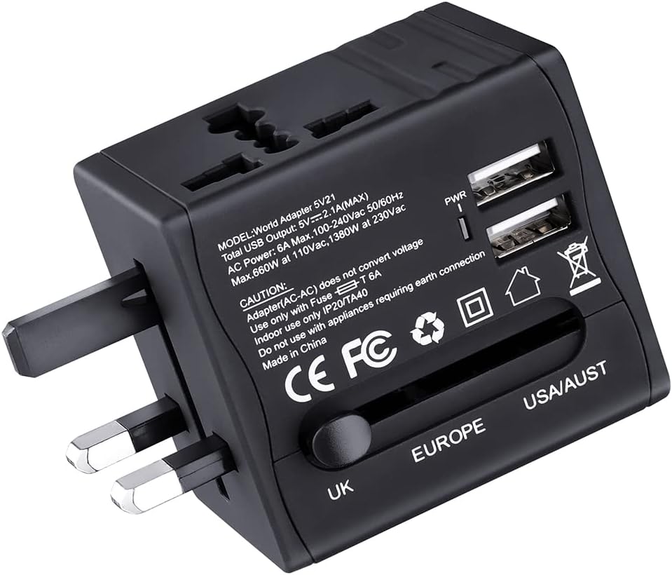 LYSLEDa 2 USB Ports (5V 2.1A) All In One USB Travel Adaptor, Universal USB Plug Applicable in Over 150 Countries for User of Apple, iPod, iPad, Smartphone and Digital Cameras, etc.