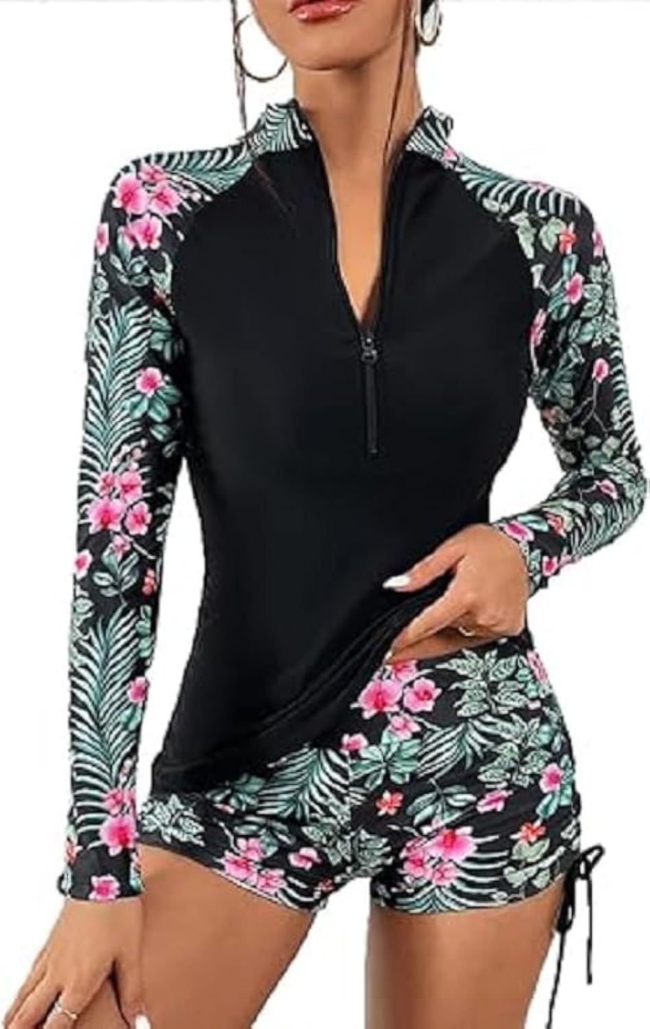 GenericWomen's Two Piece Rash Guard UPF50+ Sun Protection Long Sleeve Zip Front Swimsuit Top with Boyshorts Swim Shirt