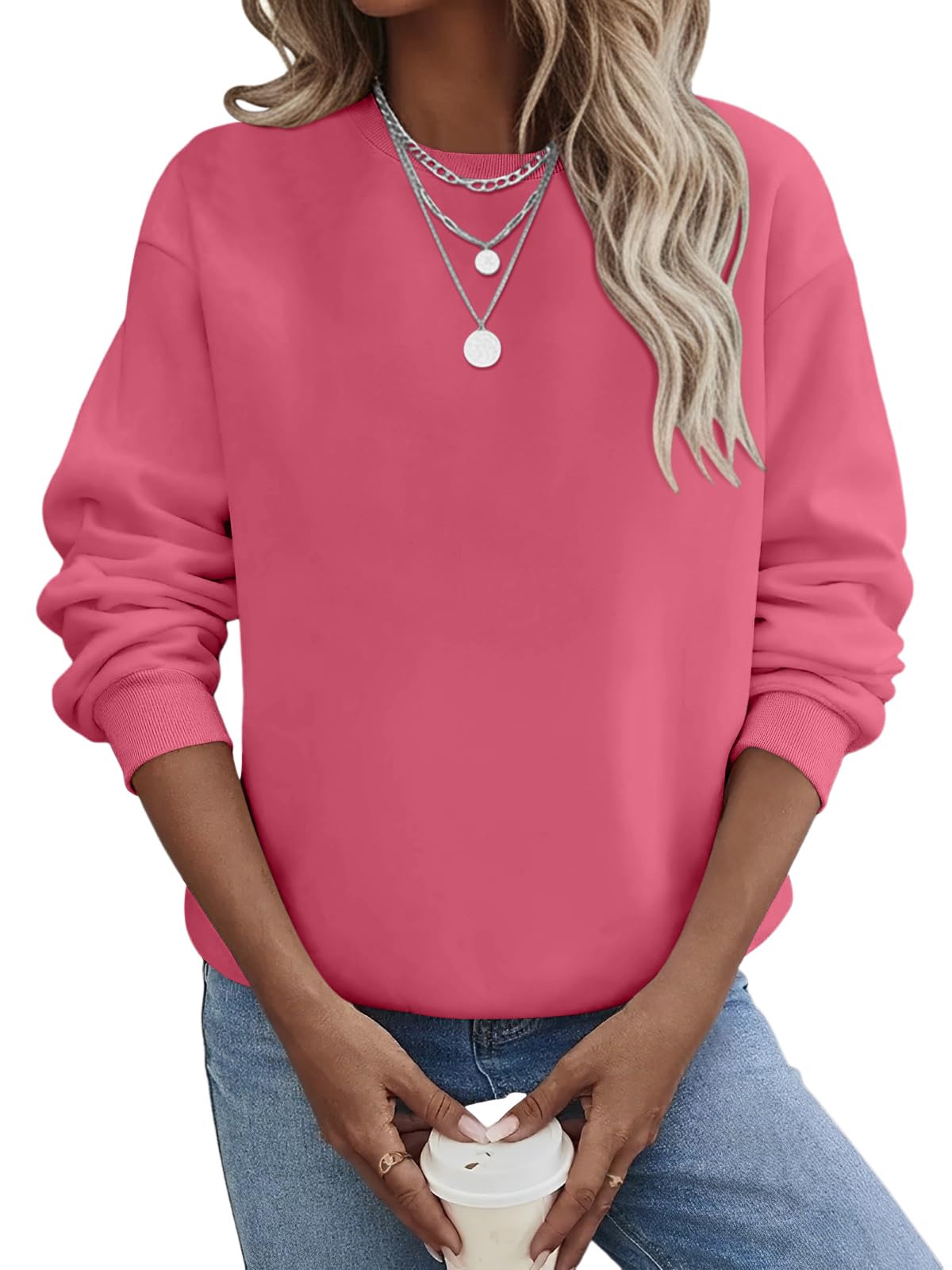 TICTICMIMI Women's Crewneck Sweatshirt, Long Sleeve, Loose Fit, Hot Pink, Large