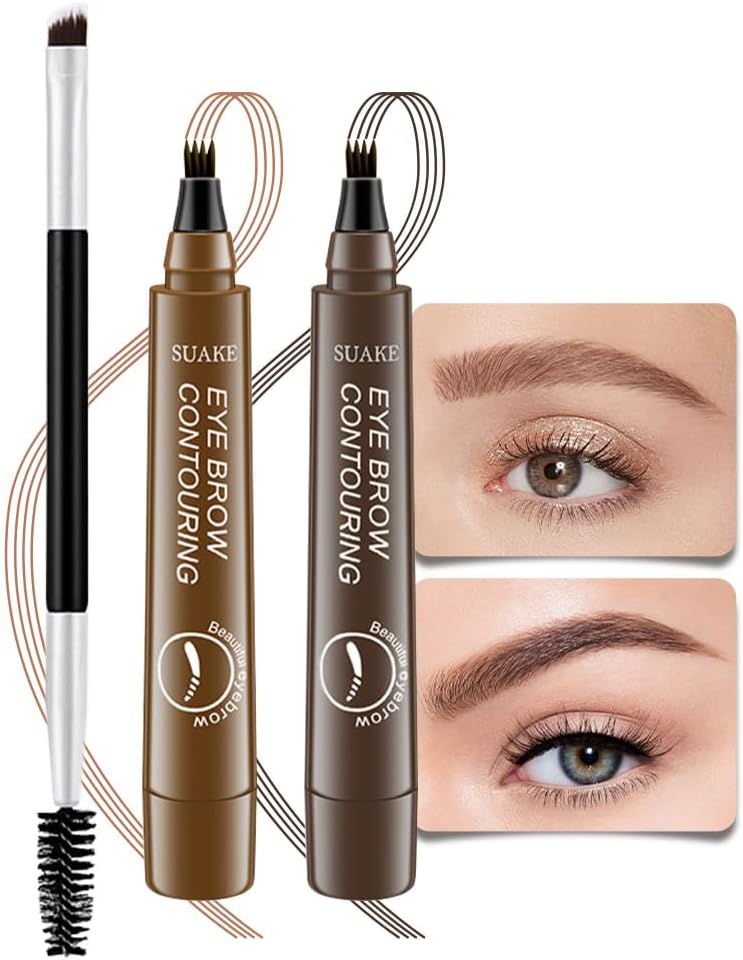 Kaely 2Pcs Light Dark Brown Microblade Eyebrow Pen with Brush, Magical Precise Waterproof Brow Pen, 4 Tip Eyebrow Contouring Eye Brow Pencils for Women, Creates Natural Brows, Sponge Head 01+02