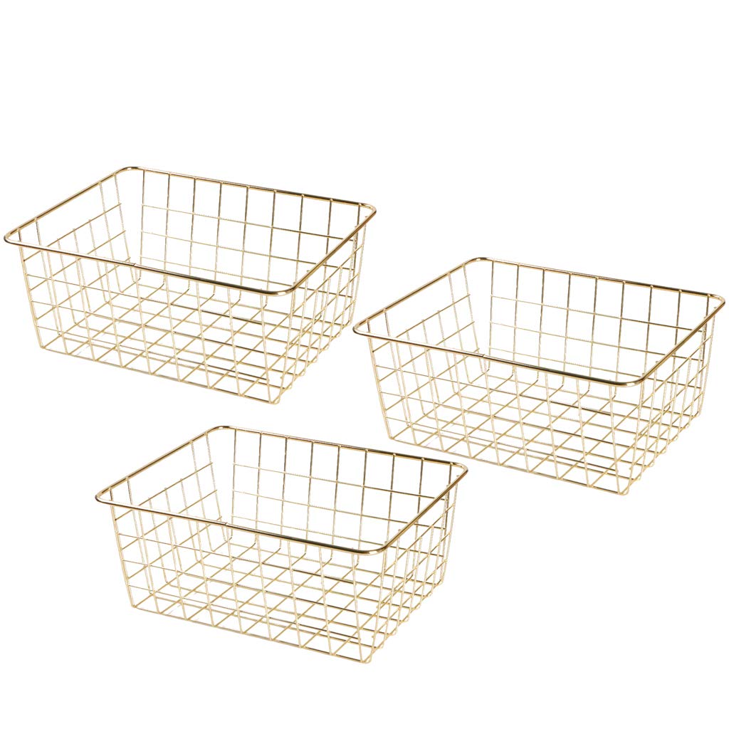 Wire Storage Baskets for Kitchen Organization or Pantry Storage,Gold Storage Organizer Bins with Handles for Household Organizer,Freezer,Bedroom,Bathroom Closets,Set of 3