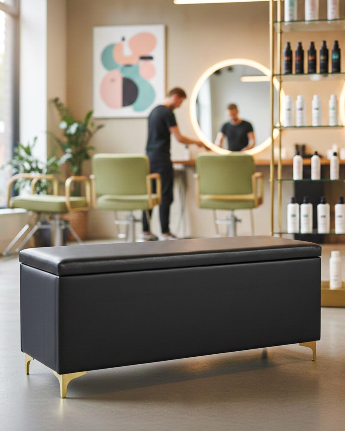 Waiting Room Bench with Storage for Salon Reception, Black Pu Leather End of Bed Ottoman & Shoe Bench for Beauty Spa Bedroom Home Entryway