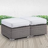 Wisteria Lane 2 Piece Patio Outdoor Ottomans, Outdoor Wicker Footstool Footrest Seat with Soft Cushions and Steel Frame, All-Weather Patio Furniture Ottoman Set for Backyard Garden,Grey