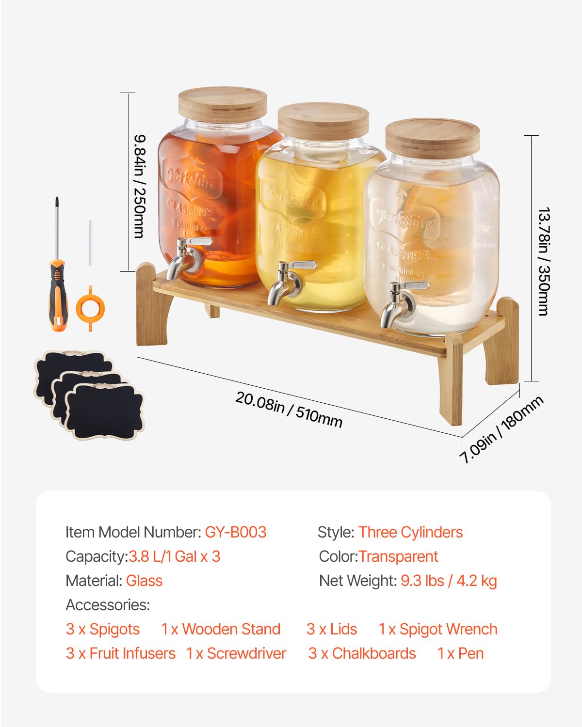 VEVOR Dispensador de Bebidas, 3 uds, 3,8 L, para Fiestas, Dispensador de Jugo de Vidrio con Soporte de Madera, Grifo de Acero Inoxidable, Infusor, para Té Helado, Limonada y Jugo, Transparente