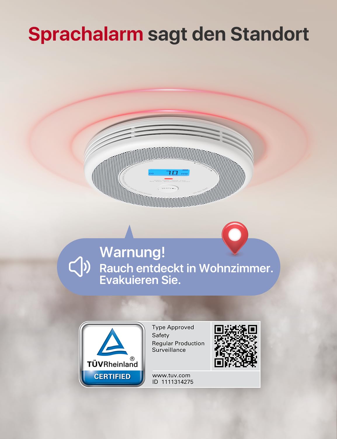 X-Sense XP0A-iR Rauch und CO Melder mit Sprachalarm und Standortansage, WLAN Kombinierter Rauch- und Kohlenmonoxidmelder für 17 festlegbare Räume，kompatibel mit der X-Sense Home Security-App, 1 Stück