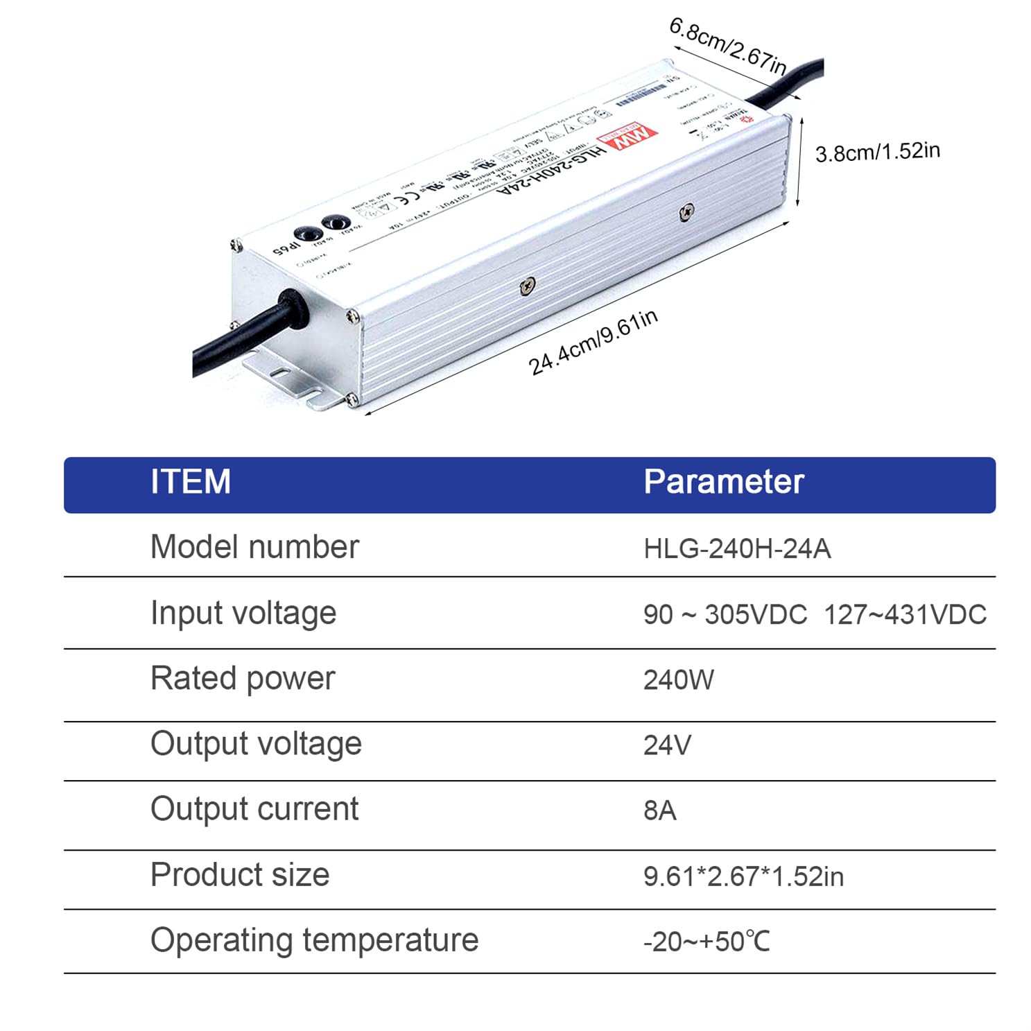 HLG-240H-24A 240W Constant Current & Constant Voltage LED Driver, IP65, 24V 10A, High-Performance LED Lighting, High Efficiency, Compact Design, Exceptional Reliability