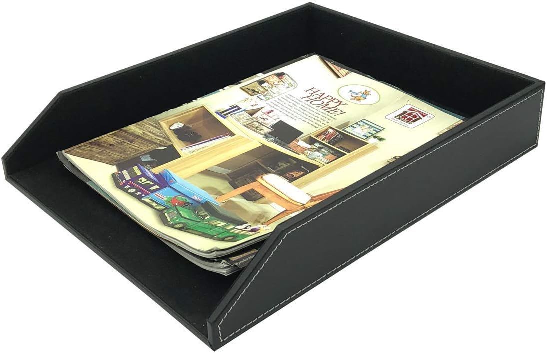 Thipoten PU Leather Letter Tray - Desk File Document Organizer Holder Sorter (Black)