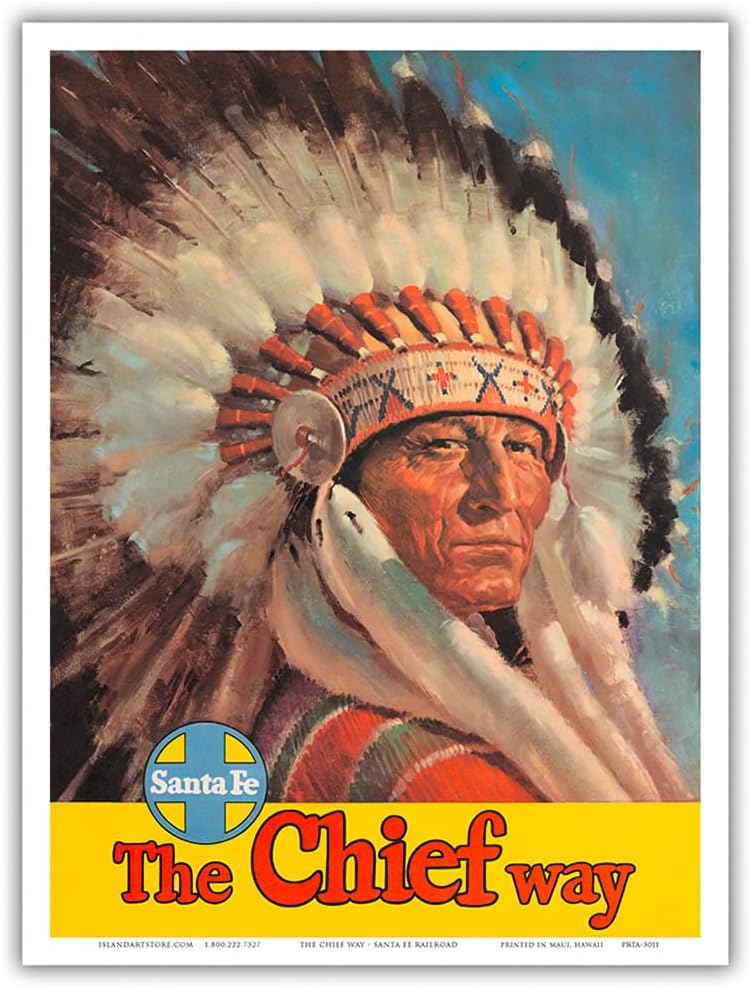 Chicago to California by Train - The Chief Way - Santa Fe Railroad - Native American Indian Eagle Head Dress - Vintage Travel Poster c.1950s - Master Art Print (Unframed) 13in x 19in