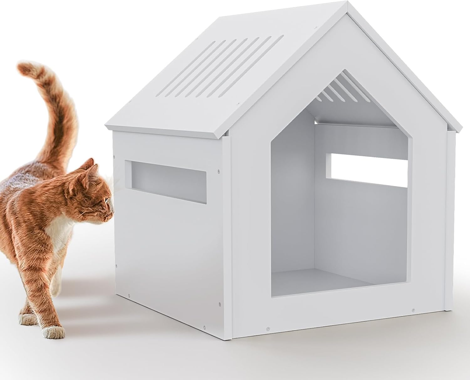 Small Wooden Cat House Indoor Outdoor, Cute Gable Roof Cat Shelter with Rainproof Windproof & Breathable, Easy Assemble Move Clean, Multi-Ply Wood Cat Hut for Kittens (White)